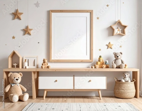 Fototapeta Mockup of Nursery Room with Teddy Bears and Picture Frame