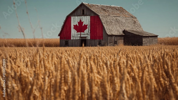 Obraz A large flag of Canada painted on the side of a barn, surrounded by wheat fields.