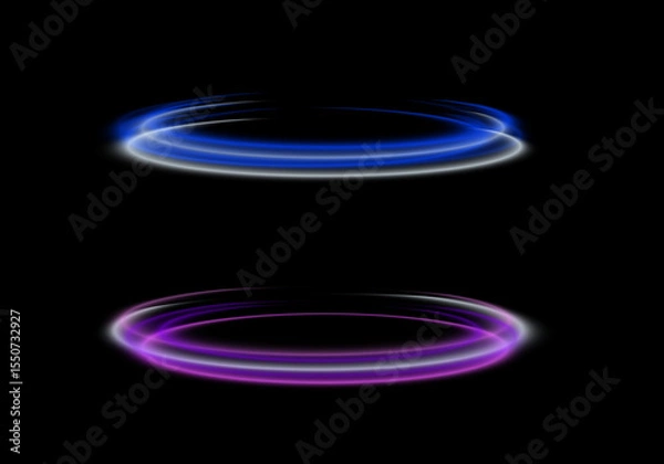 Fototapeta Futuristic glowing blue and purple energy rings vector design on black background, ideal for sci-fi UI, power portal effects, or digital HUD elements