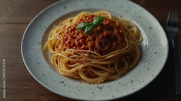Fototapeta Hot Cooked Spiral Noodles with Red Sauce and Herbs. AI Generative
