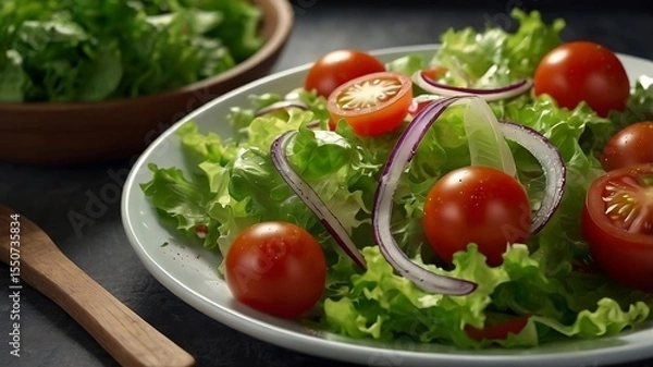 Fototapeta Bowl of Fresh Mixed Greens with Tomatoes and Onion. AI Generative