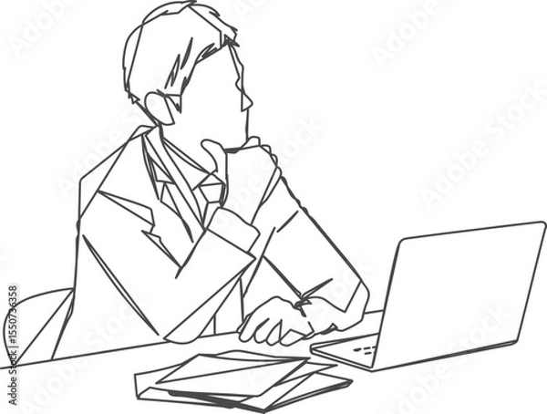 Obraz パソコンの前で悩むビジネスマンの線画イラスト