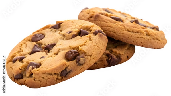 Fototapeta Delicious Chocolate Chip Cookies Closeup A tempting trio of golden-brown cookies studded with chocolate chips perfect for baking blogs or food websites