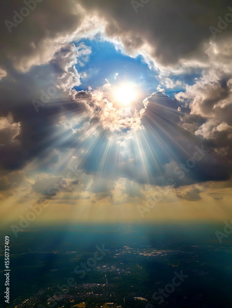 Fototapeta Dramatic sun ray symbolizing heavenly light symbolize divine presence, truth, spiritual illumination,