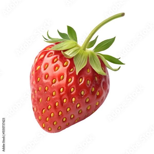 Fototapeta A vibrant ripe strawberry with green leaves isolated on a white background perfect for food packaging design or culinary websites.