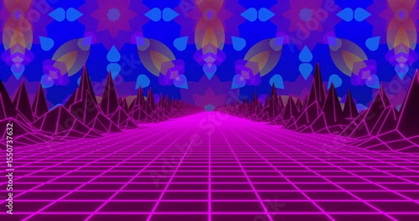 Fototapeta Displaying neon pink grid receding toward vanishing point in digital realm, with wireframe peaks