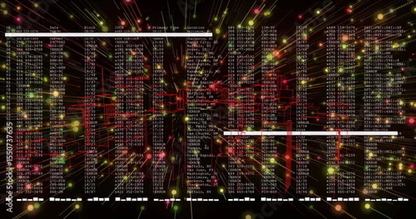 Obraz Rendering 3D neon grid pulsing in cyber network, with glowing nodes, light trails and data columns