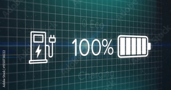 Obraz Displaying dashboard showing 100% charge at interface, with battery, plug and lightning bolt icons