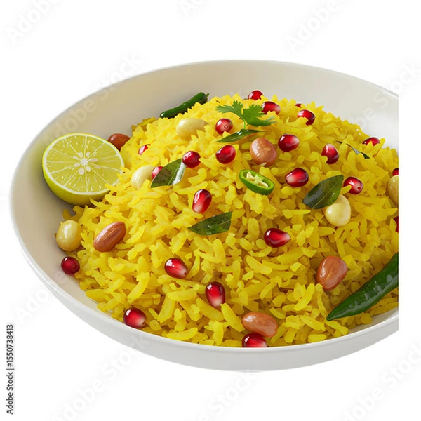 Fototapeta Delicious Upma Recipe with Pomegranate Seeds Peanuts and Lemon Garnish a vibrant and flavorful Indian breakfast food