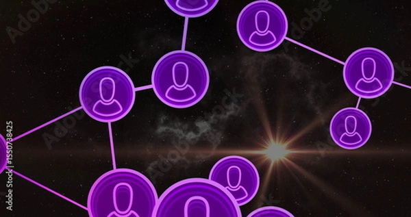 Obraz Displaying network linking purple avatar nodes across space backdrop, with starburst flare