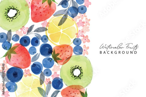 Obraz Set of summer fruits watercolor art pattern frame background. Sweet kiwi, strawberry, blueberry and lemon in frame.Summer fruits pattern. Fruit berry background. Watercolor fruit texture