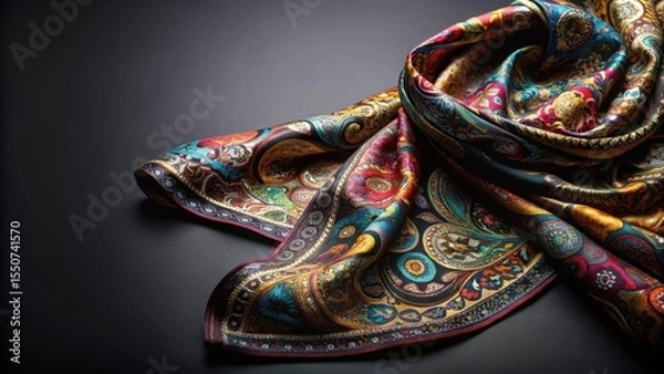 Fototapeta Luxurious Silk Scarf with Intricate Paisley and Floral Designs, Draped Elegantly on a Dark Surface, Showcasing Rich Colors and Textures