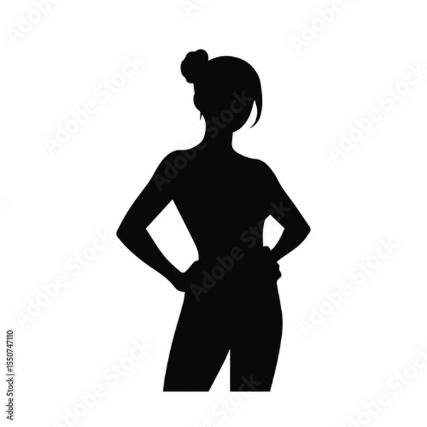 Fototapeta Vector art of silhouette of a woman standing with hands on hips, isolated on white background, isolated on white background