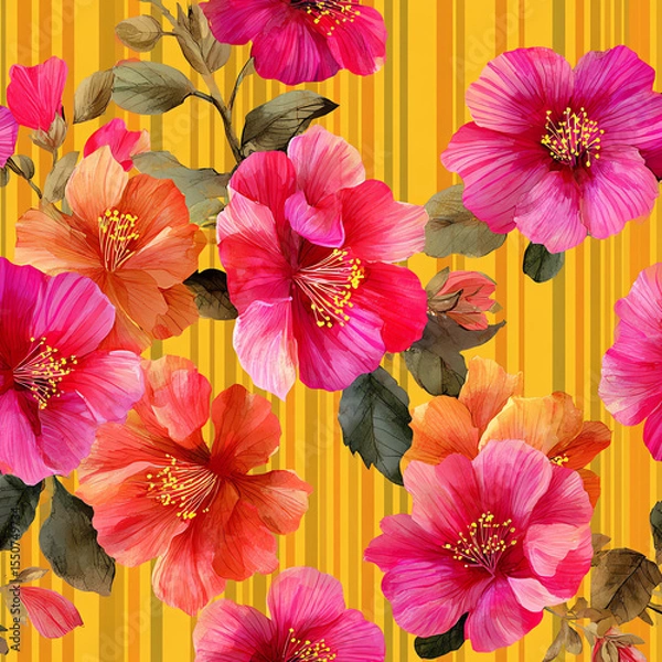 Obraz A yellow and orange striped background with pink and orange flowers