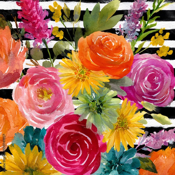 Obraz A painting of a bouquet of flowers with a black and white background