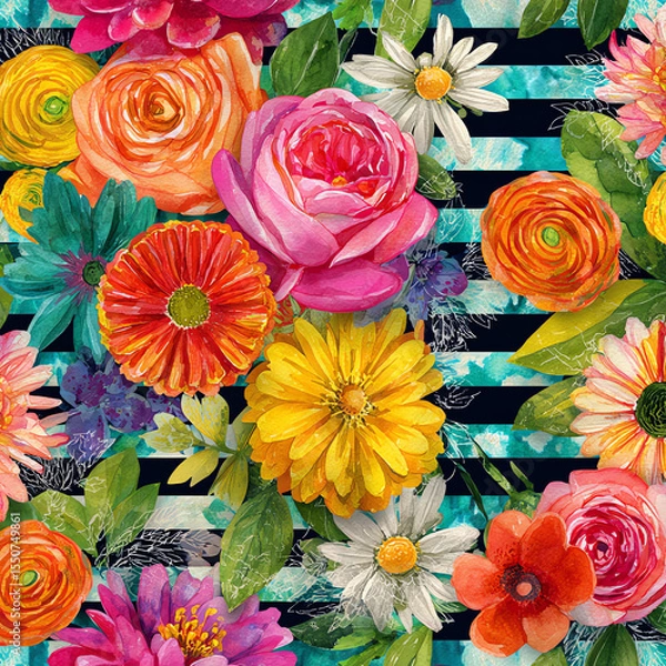 Obraz A colorful floral pattern with a blue stripe