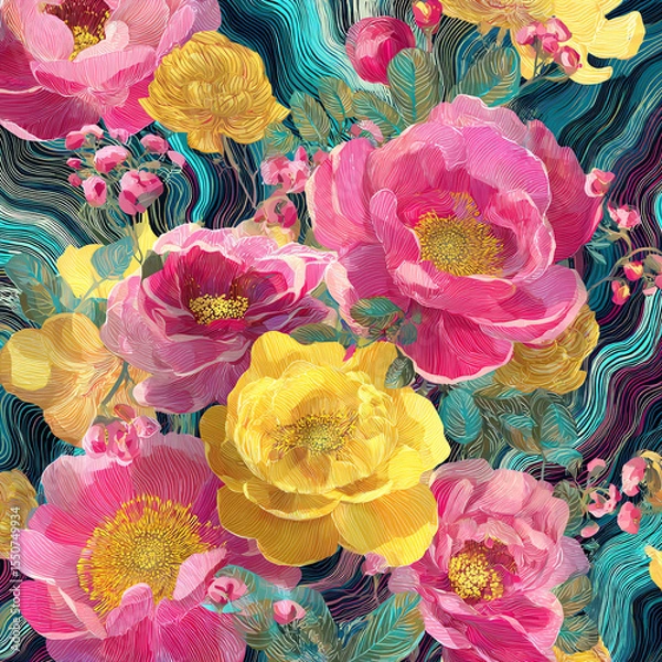 Obraz A painting of a flower garden with pink and yellow flowers