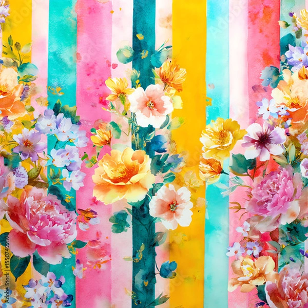 Obraz A colorful floral print with a yellow stripe