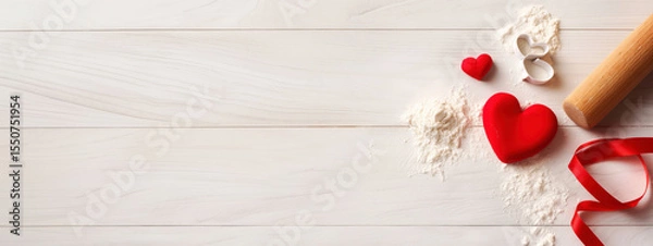 Fototapeta Hands Roll out Cookie Dough With Heart-Shaped Cutters on Rustic Table for Valentine's Day Baking Activity