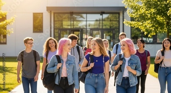 Fototapeta Diverse group of smiling students walking together on campus sidewalk