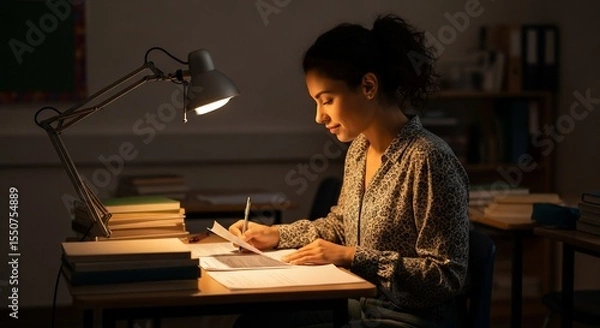 Fototapeta Focused student illuminated by desk lamp studies late into the night
