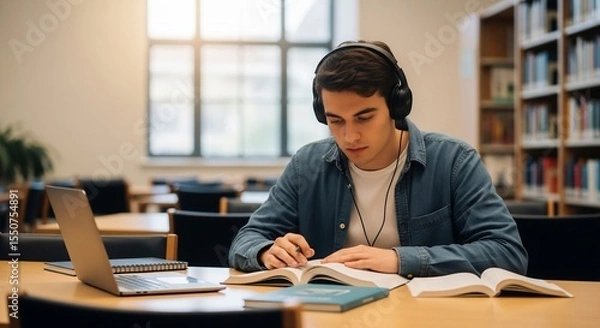 Fototapeta Focused student with headphones studies in library, laptop and books on table