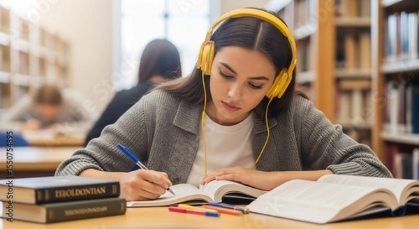 Fototapeta Focused student with yellow headphones studies in library, writing in open book.