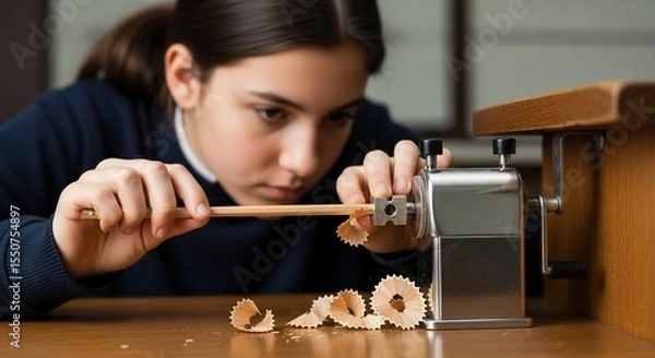 Fototapeta Focused student sharpens pencil with vintage metal sharpener, shavings scattered on desk