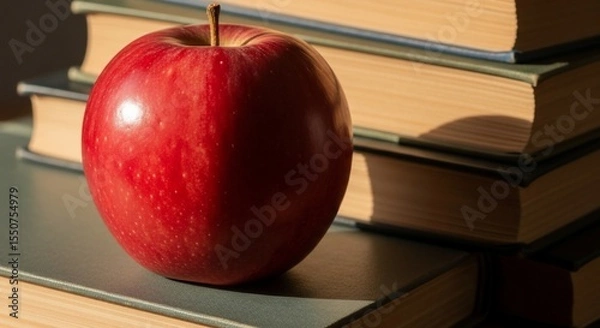 Fototapeta Glossy red apple resting atop a stack of aged books in warm sunlight