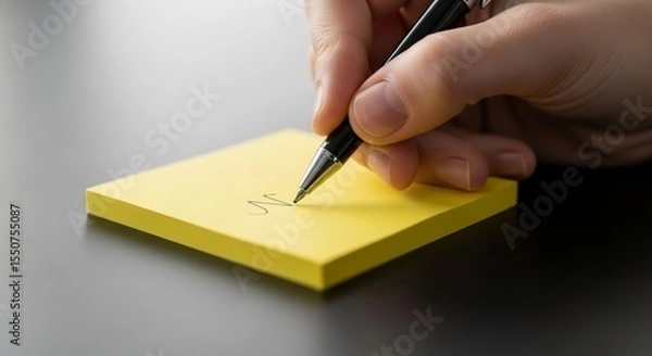 Fototapeta Hand writing on yellow sticky note with black pen close-up