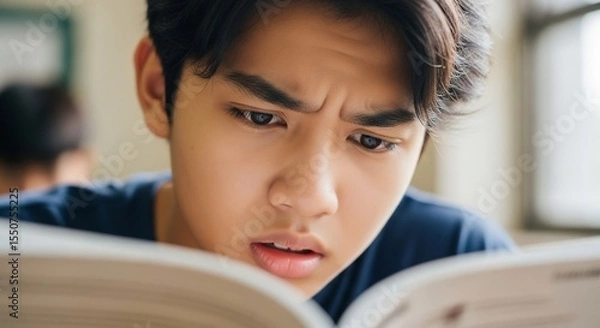 Fototapeta Intense focus: Young man deeply engrossed in reading, brow furrowed in concentration