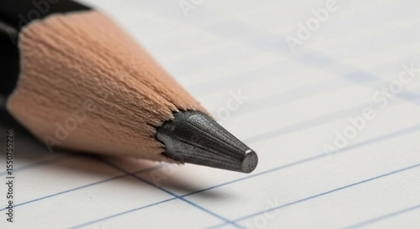 Fototapeta Macro shot of a sharpened pencil tip on lined paper, showcasing graphite texture