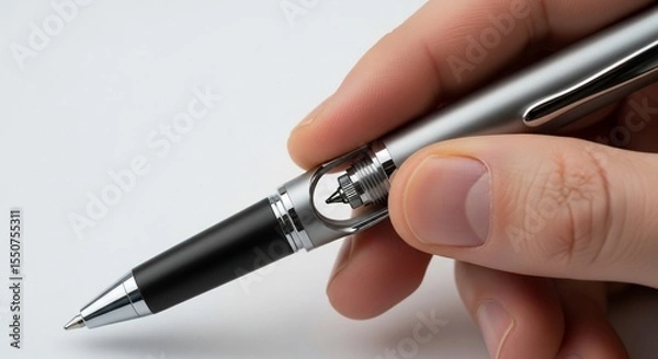 Fototapeta Macro shot of a unique pen with visible mechanism held by a hand