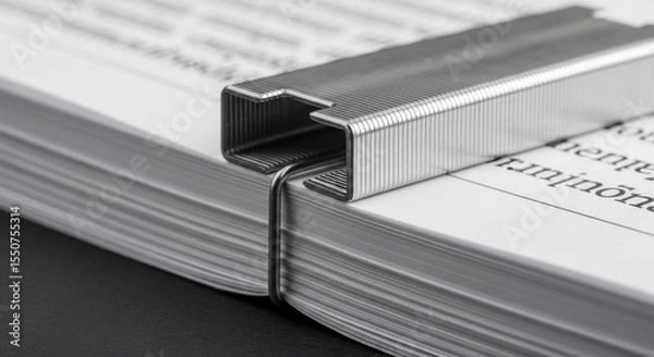 Fototapeta Macro shot of a metal staple holding together a stack of printed paper
