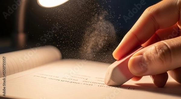 Fototapeta Pink Eraser Correcting Handwritten Text Under Warm Desk Lamp, Creating Dust Cloud