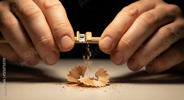 Fototapeta Sharpening a pencil with a handheld sharpener, wood shavings falling