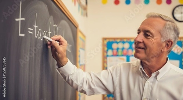 Fototapeta Smiling Teacher Writes Equation on Blackboard in Classroom Setting