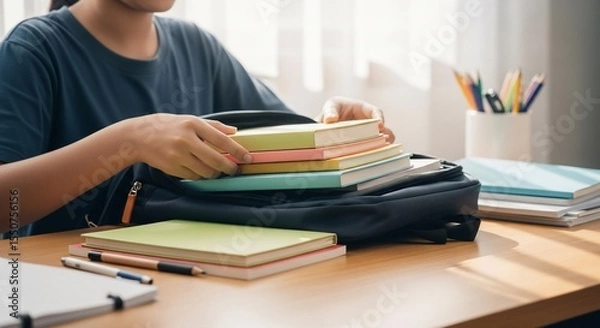 Fototapeta Student packing colorful books into a black backpack on a wooden desk