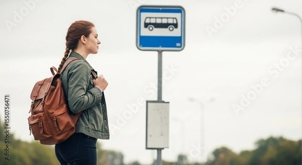 Fototapeta Waiting at the Bus Stop: A Young Woman with Braids and a Leather Backpack