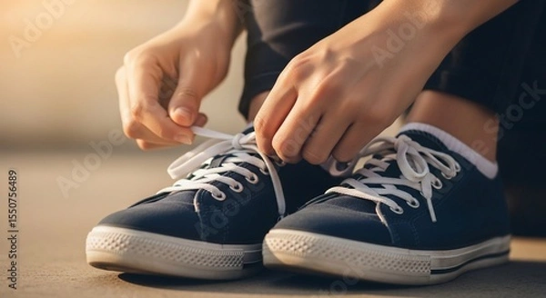 Fototapeta Tying shoelaces on navy sneakers with white laces, preparing for a walk