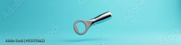 Obraz Floating chrome bottle opener, light blue background, illustration, object, simple