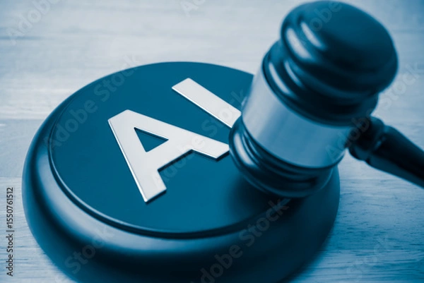 Fototapeta AI artificial intelligence alphabet and hammer judge gavel on wooden table background. Artificial intelligence AI law, regulation, act concept.