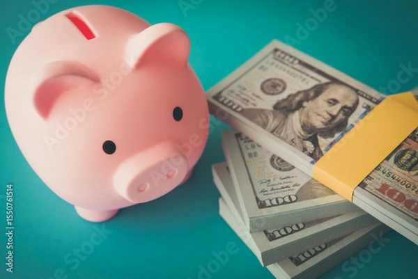 Fototapeta Pink piggy bank and stack US dollar bill banknotes. Wealth management, money saving, personal financial planning, return on investment, savings for retirement and so on concept.
