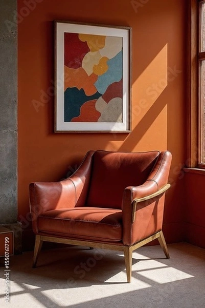 Fototapeta Cognacbrauner Ledersessel in sonnendurchfluteter Ecke vor oranger Wand mit Kunstbild