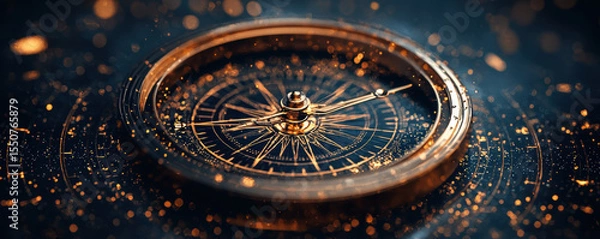 Fototapeta detailed compass with golden finish, surrounded by shimmering particles, symbolizes direction and fate