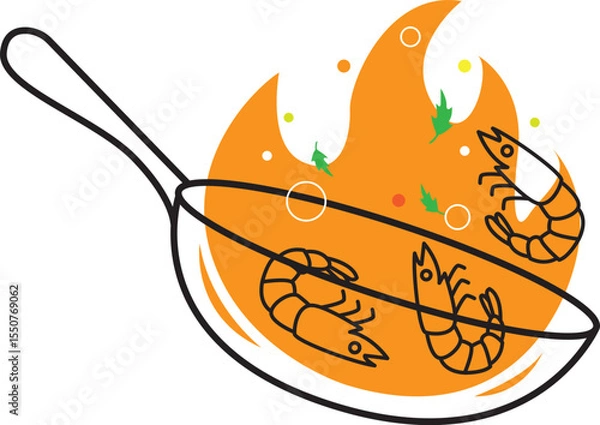 Fototapeta Illustration of a wok and shrimp and seasonings in it