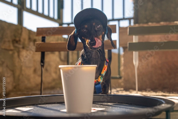 Fototapeta A cute dachshund wearing a colorful collar and cap, sitting next to a white coffee cup on a sunny patio. the playful pose captures canine curiosity and vibrant outdoor vibes.