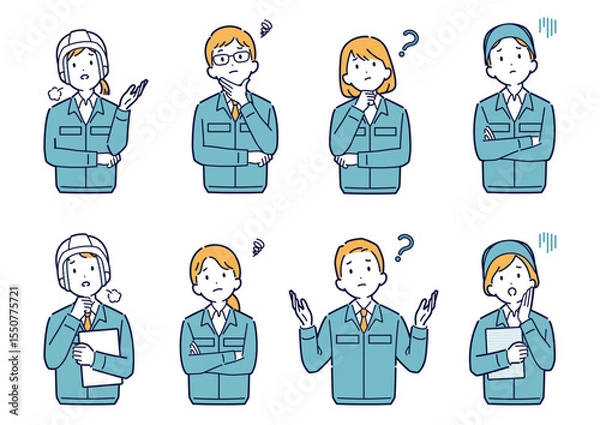 Obraz 考えたり悩んだりする作業着姿の男女のイラストセット＿上半身