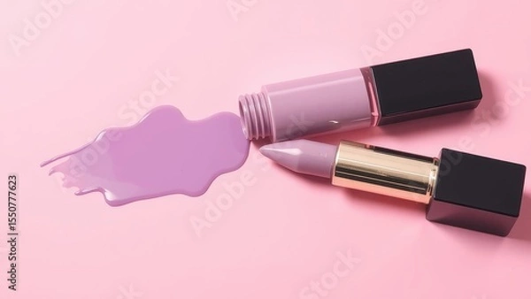 Fototapeta Lipstick and gloss with spilled product on pink background showcase cosmetics