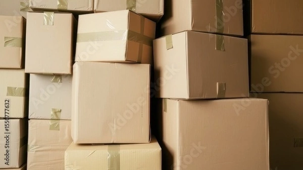 Fototapeta Stacked cardboard boxes with tape, ready for shipping or moving